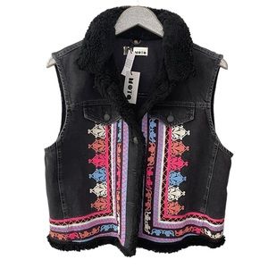 NWT Topshop Motto Black Denim with Colorful Embroidery Sherpa Lined Vest